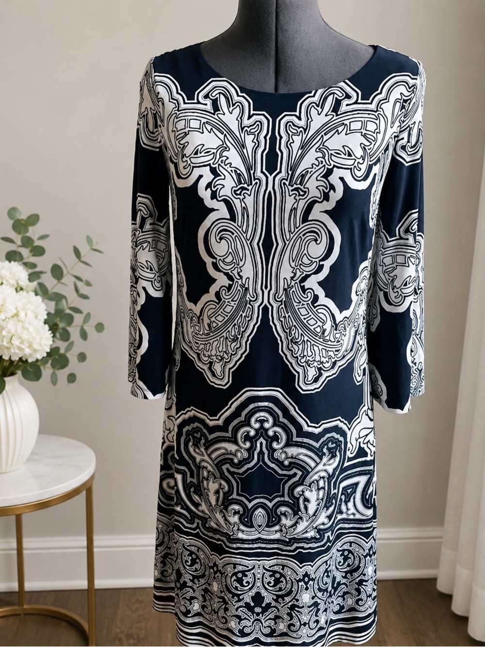 INC Macy’s Women’s Navy and White Printed Shift Dress